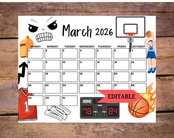 2026 March Calendar, March Madness Basketball Calendar, Printable Calendar Template, Printable & Editable, Printable Planner for Kids