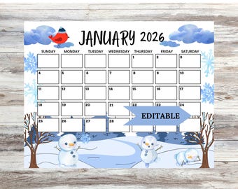 Winter Wonderland Calendar 2026, Printable January Calendar (Editable PDF)