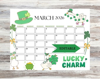2026 March Calendar, St. Patrick's Day Goose Calendar, Printable Calendar Template, Printable & Editable, Printable Planner for Kids