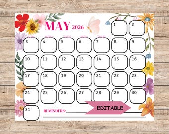 May 2026 Calendar, Watercolor Flowers, Editable Planner (Digital Download)