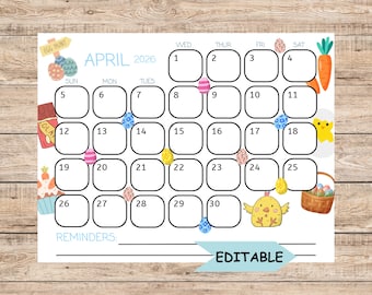 2026 April Easter Calendar Printable Calendar Template, Printable & Fillable, Printable Planner for Kids, Homeschool Planner