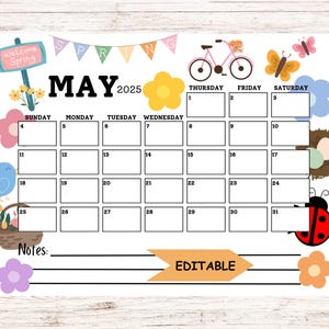 2025 May Calendar Editable, Spring Calendar, Printable Calendar Template, Printable & Fillable, Printable Planner for Kids, Homeschool Plan