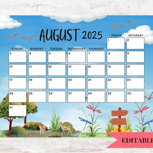 Druckbarer August 2025 Monatskalender, druckbare Kalendervorlage, Kinderkalender, druckbarer und bearbeitbarer Planer, Sommer-Naturkalender