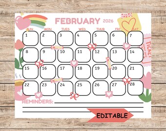 February Calendar 2026 Editable:Light Pink Valentines Monthly Planner Printable (Digital Download), Valentines Day 2026 Printable Calendar