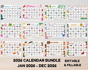 2026 Monthly Calendar Bundle Editable, Holiday Calendars for Year Printable & Editable, Cute Calendar 2026, Printable Monthly Planner kids