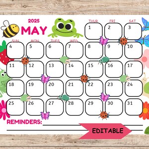 2025 May Calendar Editable, Spring Calendar, Printable Calendar Template, Printable & Fillable, Printable Planner for Kids, Homeschool Plan