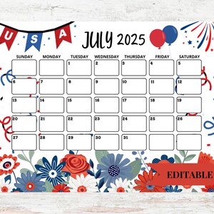 Printable July 2025 Monthly Calendar, Printable Calendar Template, Kids Calendar, Printable and Editable Planner, Fourth of July Calendar