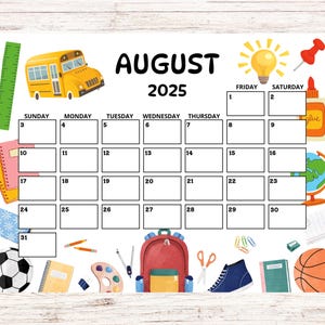 2025 August Calendar, Back to School Calendar, Printable Calendar Template, Printable & Fillable, Printable Planner for Kid, Homeschool Plan