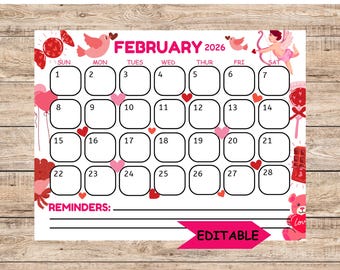 February 2026 Editable Calendar: Valentines Day, Red and Pink Themed Monthly Planner Printable (Digital Download)