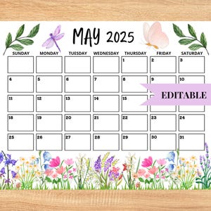 2025 May Calendar Editable, Spring Calendar, Printable Calendar Template, Printable & Fillable, Printable Planner for Kids, Homeschool Plan