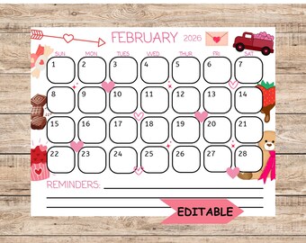 Editable February Calendar 2026: Valentines Day Monthly Planner Printable for School, Work, Home, and Office (Digital Download)