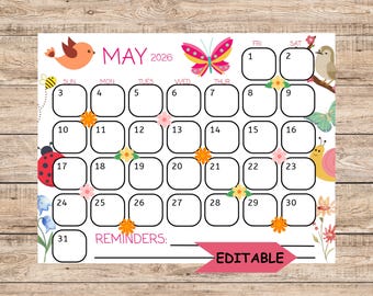 May 2026 Calendar, Spring Theme, Printable Planner (Editable PDF)