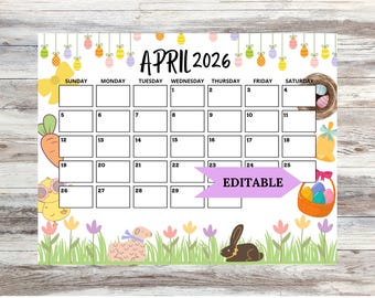 2026 April Calendar, Easter Calendar, Printable Calendar Template, Printable & Editable, Printable Planner for Kids, Homeschool