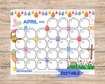 2026 April Calendar, Easter Calendar, Printable Calendar Template, Printable & Fillable, Printable Planner for Kids, Homeschool Planner