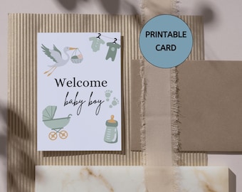 Welcome Baby Boy Card: Green Baby Shower Printable (5x7) (Digital Download)