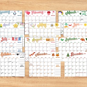 Lot de calendrier mensuel 2025 avec notes, modèle de calendrier imprimable, imprimable et modifiable, joli calendrier, calendrier d&#39;école à la maison, calendrier pour enfants