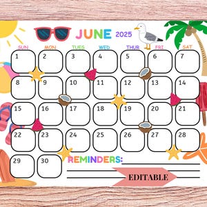 2025 June Calendar, Beach Calendar, Printable Calendar, Printable & Fillable, Printable Planner for Kids, Homeschool Planner, Editable