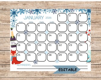 January Calendar 2026 Editable: Winter Themed Monthly Planner Printable (Digital Download), New Year 2026 Printable Calendar