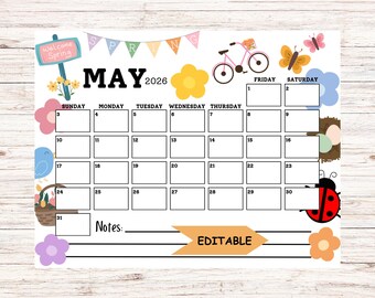 2026 May Calendar Editable, Spring Calendar, Printable Calendar Template, Printable & Fillable, Printable Planner for Kids, Homeschool Plan