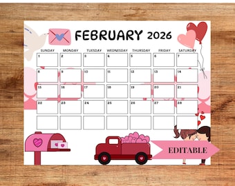 February 2026 Calendar Printable: Editable Pink and Red Valentines Day Planner (PDF Download 11x8.5 IN)