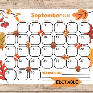 2025 September Calendar Editable, Fall Leaves Calendar, Printable Calendar Template, Printable & Fillable, Printable Planner for Kids,