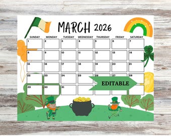 Editable March Calendar 2026: St Patty's Day Monthly Planner Printable for School, Work, Home, and Office (Digital Download)