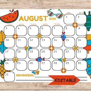 2025 August Kalender, Sommerkalender, druckbarer Kalender, druckbar & ausfüllbar, druckbare Planer für Kinder, Homeschool Planer, bearbeitbar