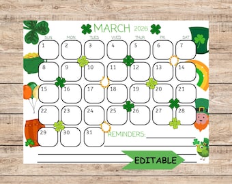 St. Patrick's Day Calendar 2026, Editable March Planner (PDF Printable & Editable)