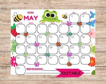 2026 May Calendar Editable, Spring Calendar, Printable Calendar Template, Printable & Fillable, Printable Planner for Kids, Homeschool Plan