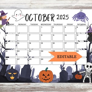 2025 October Calendar, Halloween Calendar, Printable Calendar Template, Printable & Fillable, Printable Planner for Kid, Homeschool Plan
