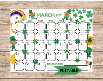 2026 March Calendar, St. Patricks Day Calendar, Printable Calendar Template, Printable & Editable, Printable Planner for Kids, Homeschool