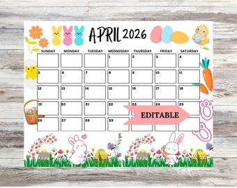 2026 April Calendar, Easter Calendar, Printable Calendar Template, Printable & Fillable, Printable Planner for Kids, Homeschool Planner