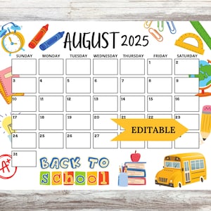 2025 August Calendar Editable, Back to School Calendar, Printable Calendar, Printable& Fillable, Printable Planner for Kids, Homeschool Plan