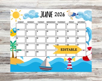 2026 June Calendar: Summer Ocean Theme, Printable & Fillable (PDF)