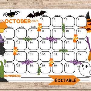 2025 October Calendar Editable, Halloween Calendar, Printable Calendar, Printable & Fillable, Printable Planner for Kids, Homeschool Planner