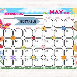 2025 May Calendar Editable, Spring Calendar, Printable Calendar Template, Printable & Fillable, Printable Planner for Kids, Homeschool Plan