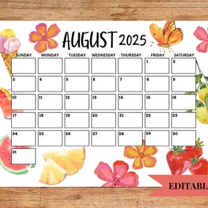 2025 August Calendar, Watercolor Calendar, Printable Calendar, Printable & Fillable, Fruit and Flowers Calendar, Editable Homeschool Planner