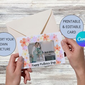 Tarjeta imprimible con foto personalizada para el Día de la Madre, Tarjeta personalizada para mamá, Tarjeta con flores, Plantilla de tarjeta Canva, Tarjeta del Día de la Madre, Imprimible