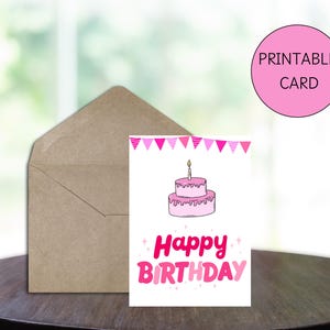 Printable Birthday Card Hot Pink Cake and Balloons Birthday Card Print at Home Birthday Card Happy Birthday Card for Her Digital Download
