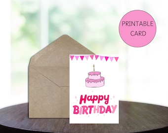 Printable Birthday Card Hot Pink Cake and Balloons Birthday Card Print at Home Birthday Card Happy Birthday Card for Her Digital Download