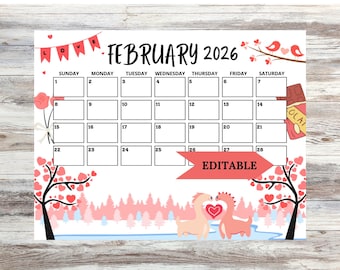 February 2026 Calendar Printable: Editable Valentines Day Planner (PDF Download 11x8.5 IN)