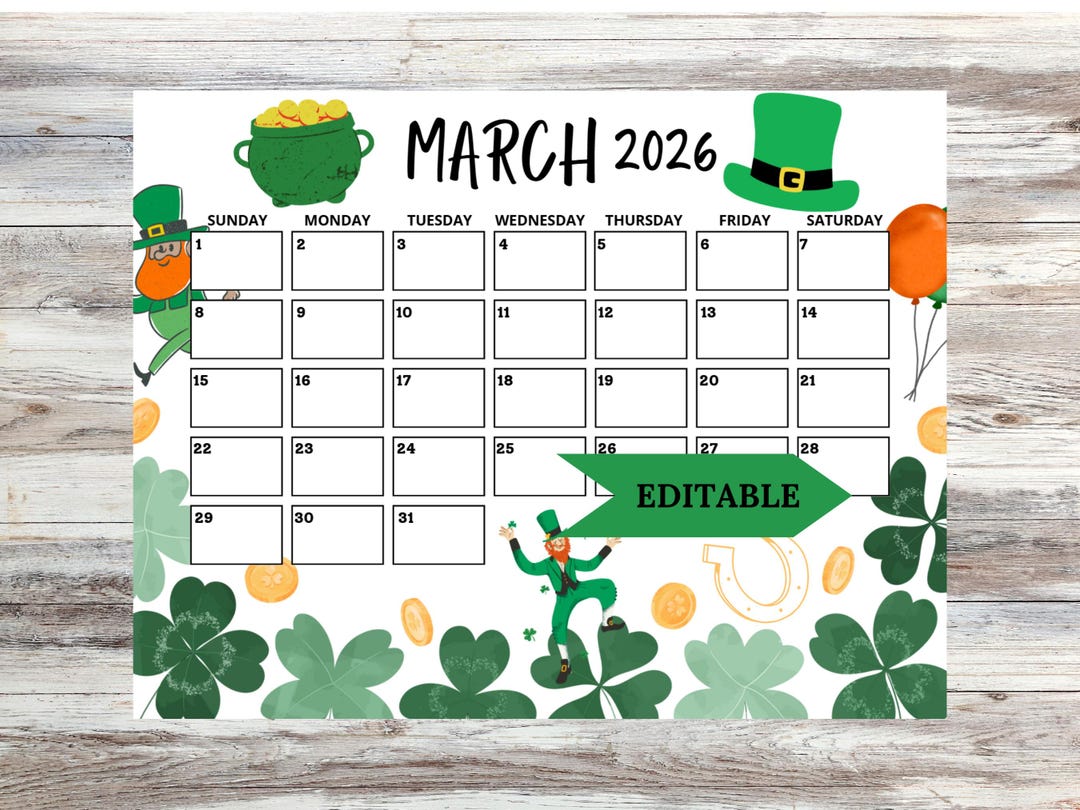 2026 March Editable and Printable Calendar, St. Patricks Day Calendar ...