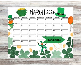 2026 March Editable and Printable Calendar, St. Patricks Day Calendar, Printable Planner 2026