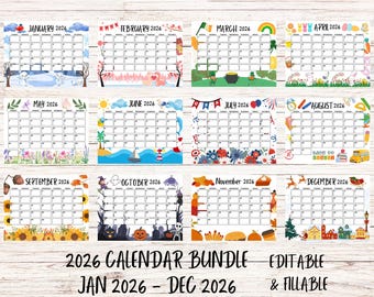 2026 Monthly Calendar Bundle Editable, Home and Office Printable & Editable, Cute Printable Monthly Planner For Kids, Calendar 2026 Download