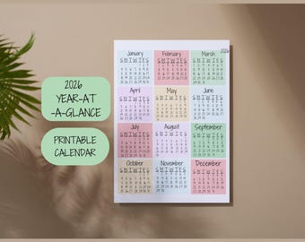 Printable 2026 Year at a Glance Calendar, Minimal pastel year planner