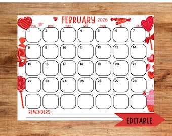 February 2026 Calendar: Red Valentines Day Printable Planner (Editable Digital Download)