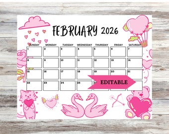 2026 February Calendar Editable, Valentines Day Pink Calendar, Printable Calendar, Printable & Fillable, Printable Planner for Kids