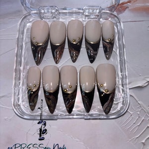 black marble french tip press on nails, Stiletto
