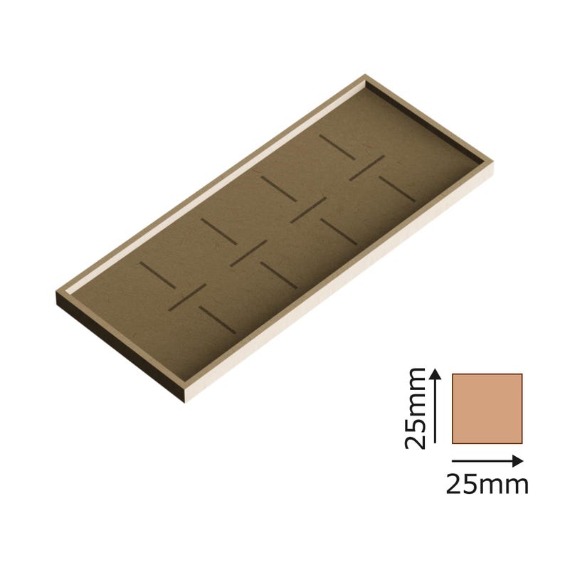 May include: A rectangular tray with a brown surface and a raised border. The tray has a grid pattern of lines etched into the surface. The tray measures 25 mm by 25 mm.