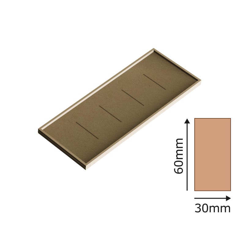 May include: A rectangular wooden tray with five grooves running lengthwise. The tray is 60 mm wide and 30 mm long.